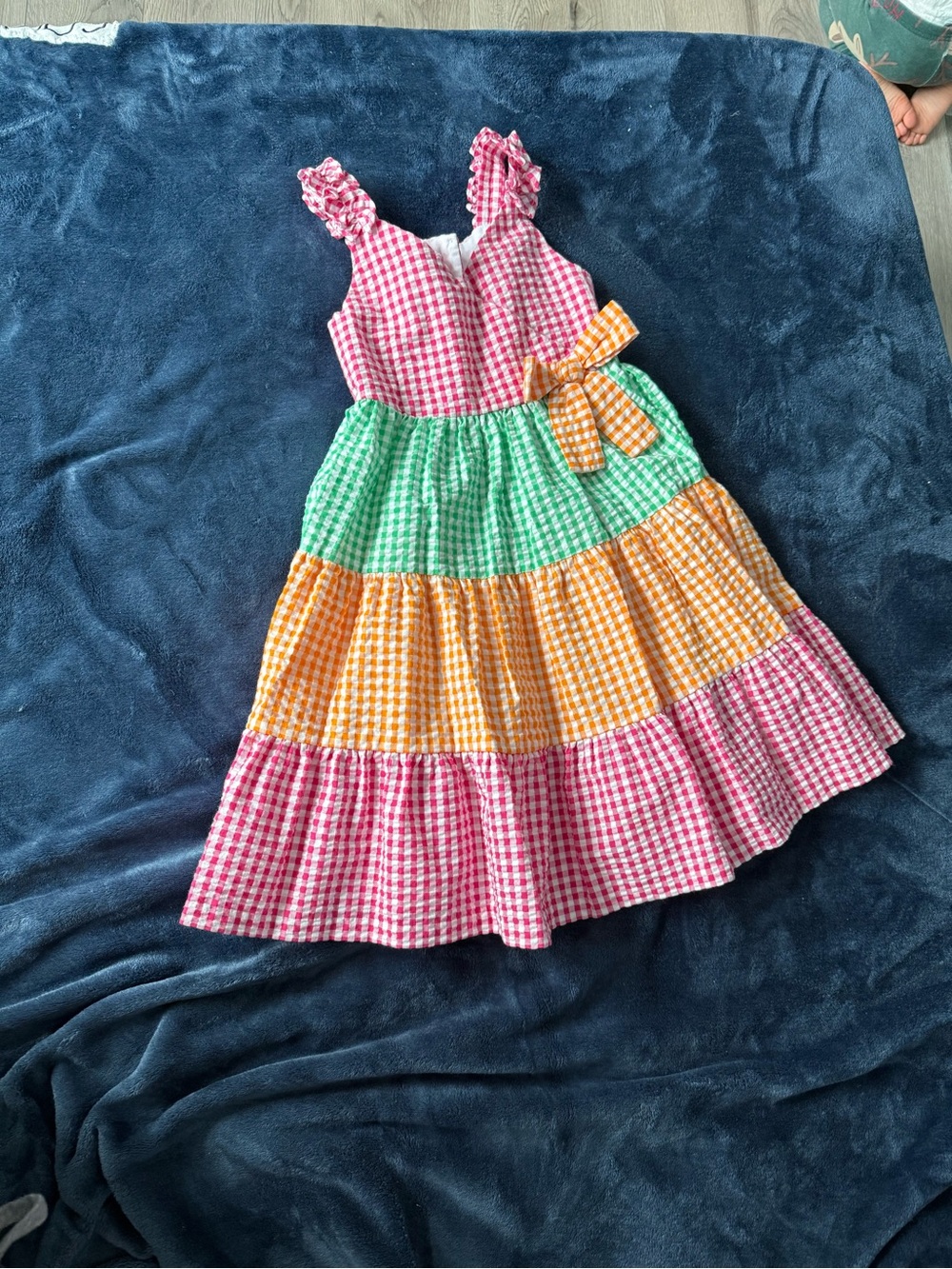 Bonnie Jean Pink, Green & Orange Gingham Tiered Dress with Bow